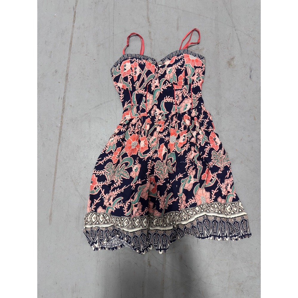 Band of Gypsies Floral Paisley Mini Dress Navy Coral Boho Smocked Back XS